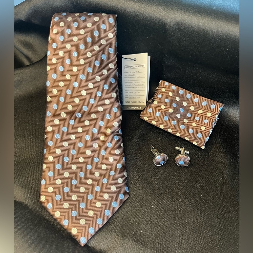 NWT- Silk Brown Polka Dot Tie Set
